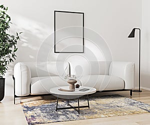 Blank frame mockup in room interior with sofa, cofee table, green plant, 3d rendering.