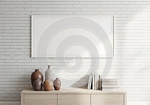 Blank Frame Mockup, White Brick Wall, Vase, Bookshelf Decor