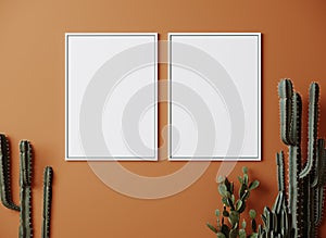 Blank frame on orange wall mock up with cactus, two vertical white poster frame on wall, mock up for picture or photo frame, empty
