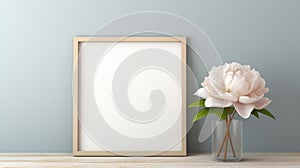 Blank Frame With Peony Flower In Vase On Table - 3d Rendering