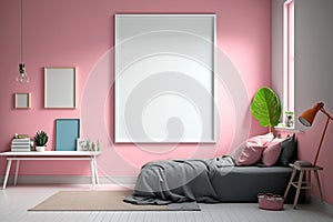 Blank frame on wall in a pink teenager\'s room. Template for Design. AI generated. Mock Up
