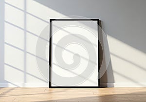 Blank framed artwork leaning against a wall with dramatic sunlight and shadow patterns
