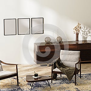 Blank frames mock up in modern living room background, home interior with dark wooden furniture and white wall, 3d rendering