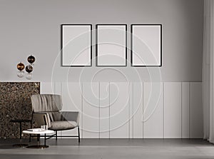 blank frames mock up in modern living room interior with stylish armchair, gray empty wall, scandinavian style, 3d rendering