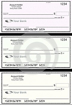 Blank generic bank checks, three of them in different colors are isolated on the background