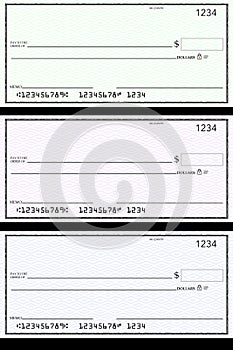 Blank generic bank checks, three of them in different colors are isolated on the background