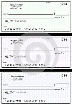 Blank generic bank checks, three of them in different colors are isolated on the background