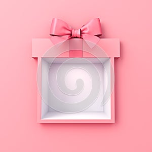 Blank gift box showcase display with pink ribbon bow on pink pastel color wall background