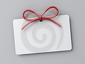 Blank gift card or white note with red rope bow on white grey background with shadow minimal concept 3D rendering