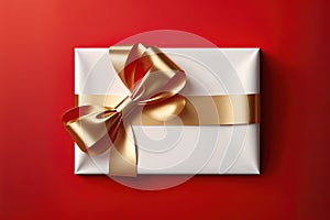 Blank gift greeting card with golden shiny ribbon bow, red background. Copy space. 3d render