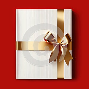 Blank gift greeting card with golden shiny ribbon bow, red background. Copy space. 3d render