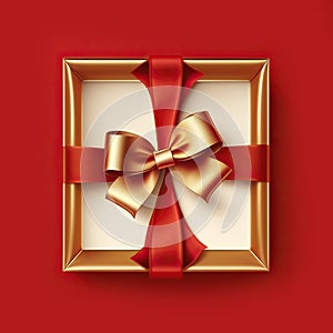 Blank gift greeting card with golden shiny ribbon bow, red background. Copy space. 3d render