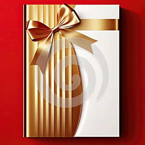 Blank gift greeting card with golden shiny ribbon bow, red background. Copy space. 3d render