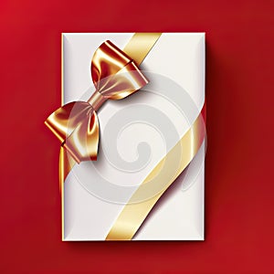 Blank gift greeting card with golden shiny ribbon bow, red background. Copy space. 3d render