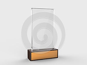 Blank glass trophy mock up stand on wooden base, 3d rendering illustration.