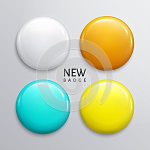 Blank glossy badges, pin or web button. Four colors, white orange turquoise and yellow Vector