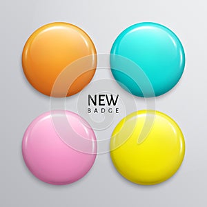 Blank glossy badges, pin or web button. Four pastel colors, yellow, orange, turquoise and purple. Vector.