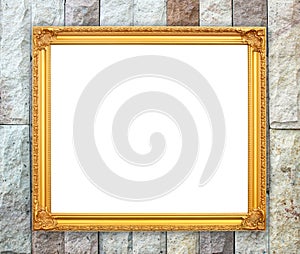 Blank golden frame on brick stone wall