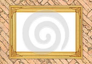 Blank golden frame on brick stone wall