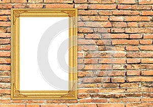 Blank golden frame on brick stone wall