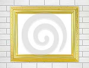 Blank golden frame on brick stone wall background