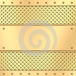 Blank golden plate on grid background with rivets