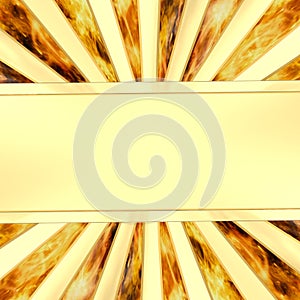 Blank golden plate on rays background with flame