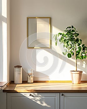 Blank golden poster frame mock up template, kitchen room interior in fusion style with wooden table, white walls and