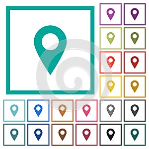 Blank GPS map location pin flat color icons with quadrant frames