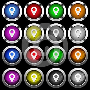 Blank GPS map location white icons in round glossy buttons on black background