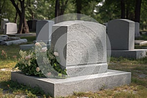 Blank granite headstone with a bouquet of flowers in a cemetery. Generative AI
