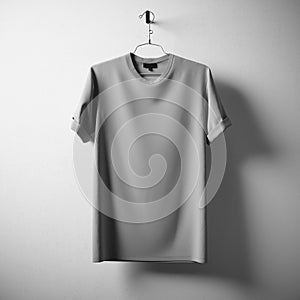 Blank Gray Cotton Tshirt Hanging Center White Concrete Empty Wall Background.Mockup Highly Detailed Texture Materials