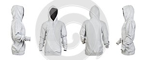 Blank gray hoodie with raised hood leftside, rightside, frontside and backside