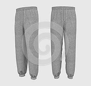 Blank gray joggers mockup, front and side views. Sweatpants.