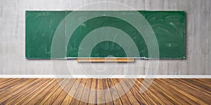 Blank green chalkboard, blackboard texture with copy space hangs on gray grunge wall and wooden floor 3D-Illustration
