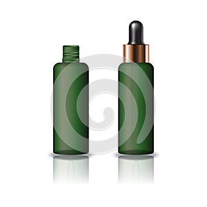 Blank green clear cosmetic round bottle with dropper lid for beauty product packaging.