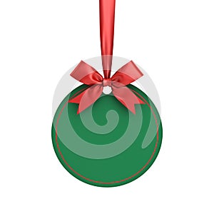 Blank green paper round christmas ball frame tag label card template hanging with shiny red ribbon and bow isolated on white