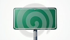 Blank green road sign on pole against white background. Ready for custom text and graphics for direction or information. Empty