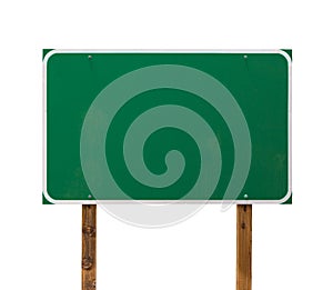 Blank Green Road Sign with Wooden Posts Isolated on a White Background