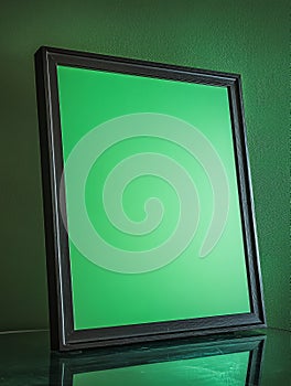 Blank green screen frame on green wall for creative mockups.
