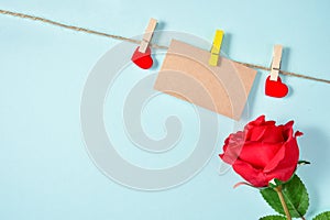 Blank Greeting Card with Love, Hemp Rope and rose, mother`s day, Valentine`s Day ,Top View, Blank for Text