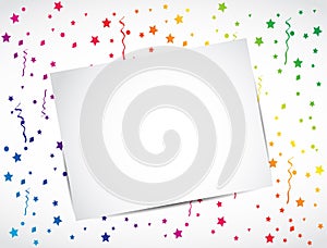 Blank greeting card, multicolor confetti concept