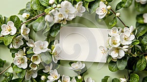 Blank Greeting Card Surrounded by White Blossoms and Green Leaves