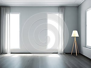 Blank Grey Wall, Blackout Curtain Window, Sunlit Baseboard, and Shadowed Elegance.