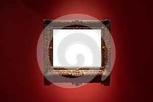 Blank hanging individual frame in an art gallery red background