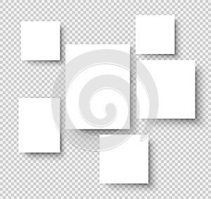 Blank hanging photo frames. Picture gallery paper rectangular borders. Photos on wall vector mockup