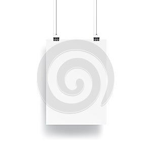 Blank Hanging poster with clip and wire mockup vector on white b