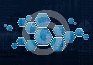 Blank hexagon shape virtual technology screen over graph and cit