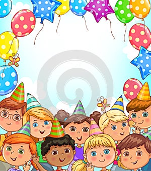 Blank holiday banner with balloons and funny kids