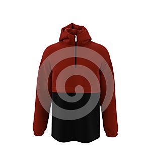 Blank hooded sweatshirt, men`s hooded jacket with half zip for your design mockup for print, isolated on white background, 3d